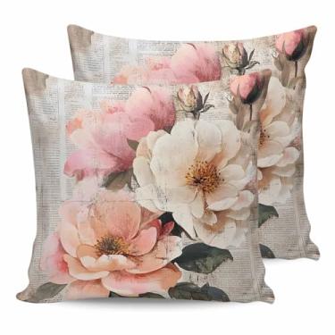 Imagem de Teamery Capas de almofada à prova d'água para ambientes externos de verão, rosa rosa, fronha retrô floral em jornal para cama, sofá, sofá e móveis de pátio, 45,7 x 45,7 cm, pacote com 2 protetores de