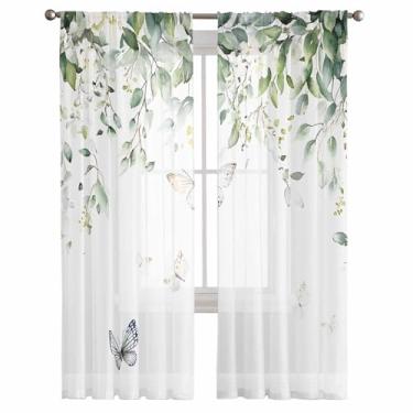 Imagem de Cortinas semitransparentes 213 cm C, cortinas com bolso de haste, folhas de eucalipto, flores brancas, borboleta, tratamentos de janela, filtro de luz para sala de estar, cozinha, quarto, decoração, 2