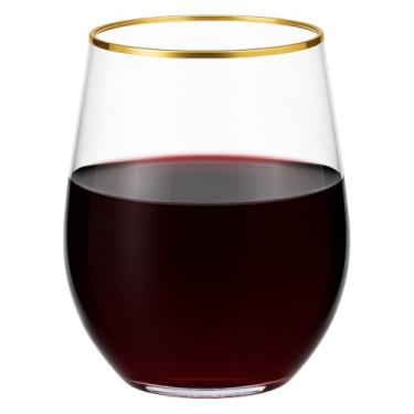 Imagem de Oojami 36 peças descartáveis sem haste Platic copos de vinho inquebráveis cristal transparente aro dourado copos de vinho de plástico elegantes para casamento, aniversário, piscina interna e externa