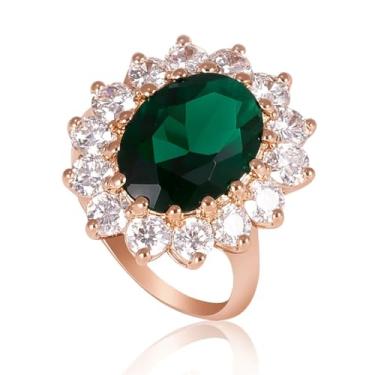 Imagem de FAIRY COUPLE Anel de esmeralda inspirado na realeza, cor ouro rosa, cristal verde de 15 x 10 mm com auréola CZ R389, Banhado a ouro rosa, Zircônia cúbica