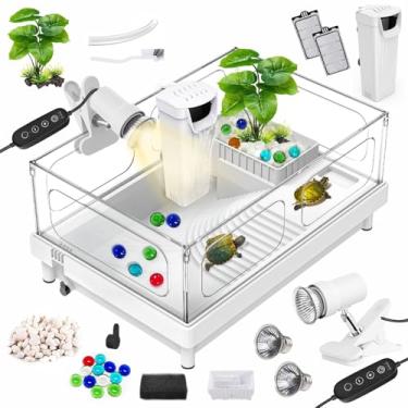 Imagem de GOZILLA Kit de tanque de tartaruga pequena (banco + lâmpada + filtro), kit inicial de tartaruga de aquário de acrílico com áreas multifuncionais para pequenos répteis. (kit branco)