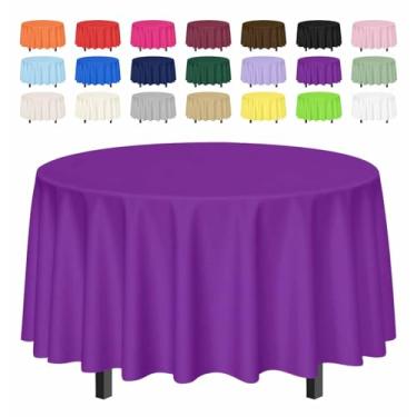 Imagem de SietDESEO Pacote com 3 toalhas de mesa roxas redondas 84 x 84 círculos toalha de mesa de plástico descartável para festa, piquenique, casamento, chá de bebê, toalha de mesa redonda
