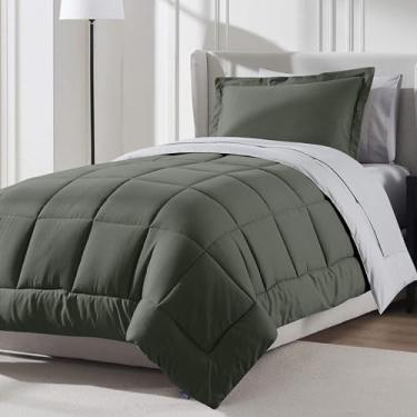 Imagem de Nestl Conjunto de edredom solteiro de 7 peças – cama reversível verde-oliva em uma bolsa – Conjunto completo de cama de solteiro com lençóis, travesseiros alternativos, fronhas e fronhas