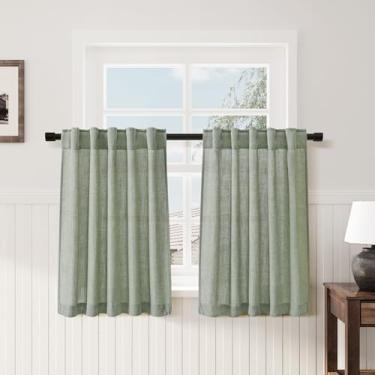 Imagem de Cortinas de cozinha escandinavas Linen Cafe 76 cm de comprimento, mistura de linho, semitransparente, filtro de luz, bolso traseiro para varão, para pia, janela, banheiro, neutro, sálvia do deserto, 2