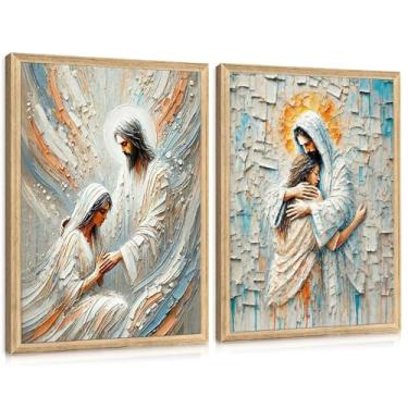 Imagem de 2 peças de arte de parede Jesus abraçando mulher deitada com segurança em Jesus Arms pôsteres impressões modernas cristãs curativas decoração de parede Bíblia histórias imagens pinturas igreja sala de