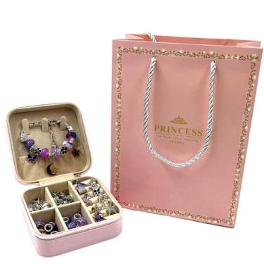 Imagem de Kit Berloque Pulseira Infantil 110pçs Porta Joias Lilás Roxo - Princes