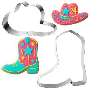 Imagem de 2 peças de cortadores de biscoito com tema de caubói de aço inoxidável, cortador de biscoito de chapéu de caubói fofo, conjunto de cortadores de biscoito de vaqueira, cortador de biscoito rústico