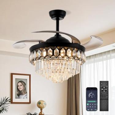 Imagem de Lustre preto de 122 cm, ventilador de teto com luzes e aplicativo/controle remoto, lustre retrátil com luz, silencioso 6 velocidades, LED, regulável, cristal, ventilador de teto para quarto, sala de
