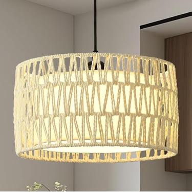 Imagem de JTYP Lustre de vime Boho luminária, 1 luz pendente de fazenda lustres tecidos à mão para sala de jantar com sombra de tecido Lustres rústicos luminárias penduradas para ilha de cozinha