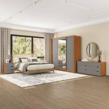 Imagem de Conjunto com Guarda-Roupa, Cômoda com Espelho e Gaveteiro Porto Cinza/Freijó