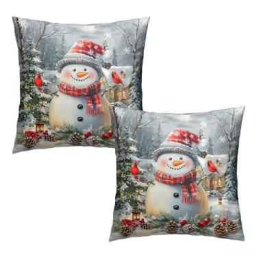 Imagem de Wnoesat Capas de almofada de inverno para boneco de neve de Natal 45,7 x 45,7 cm, conjunto de 2 capas de almofada decorativa de Natal para decoração de casa de fazenda sazonal para sofá e varanda
