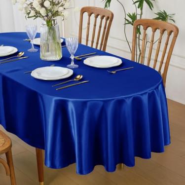 Imagem de Cobedzy Toalha de mesa oval de cetim azul royal 152 x 250 cm, lavável para uso interno/externo, capa de mesa de tecido resistente a manchas para fazenda, jantar, cozinha, casamento, banquete, festa