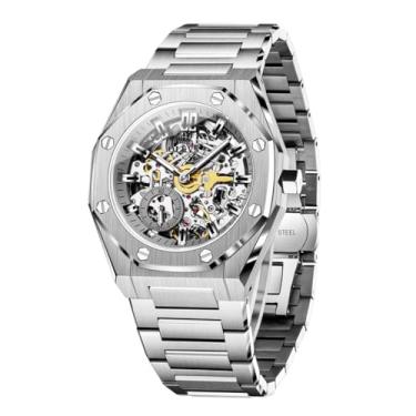 Imagem de OLEVS Relógio masculino automático com três ponteiros esqueleto polígono corda automática relógio de pulso à prova d'água luminoso aço inoxidável vestido de luxo presente, 6669: prata