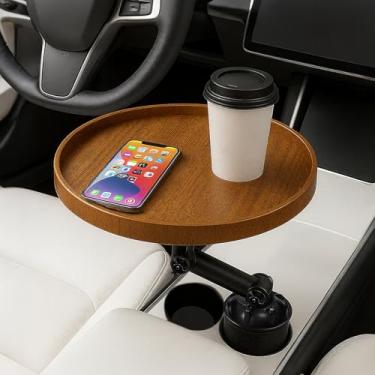 Imagem de Bandeja de suporte de copo de comida de carro - Mesa giratória de 360° e bandeja de assento de carro de madeira destacável para laptop e bandeja de alimentos compatível com Tesla Model Y/3/S Ford F150