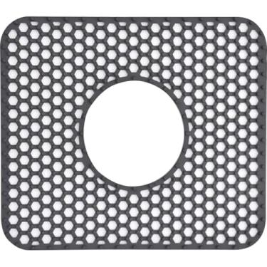 Imagem de HvOvMvE Protetores de pia de silicone para cozinha - Tapete antiderrapante resistente ao calor para porcelana de fazenda aço inoxidável, protege e amortece sua pia (cinza escuro 1 peça, ralo central