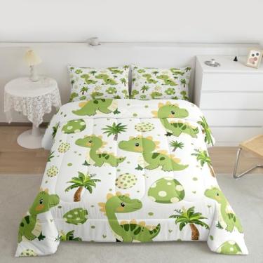 Imagem de jejeloiu Conjunto de edredom fofo de dinossauro, para todas as estações, desenho de dinossauro, verde, com 1 fronha, de microfibra de ovo de animal, roupa de cama de solteiro, coqueiro, edredom macio