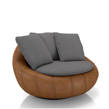 Imagem de Poltrona Giratória Sala de Estar com Almofadas Afrodite Grafite Caramelo Manchado Linho/PU G45 - Gran Belo