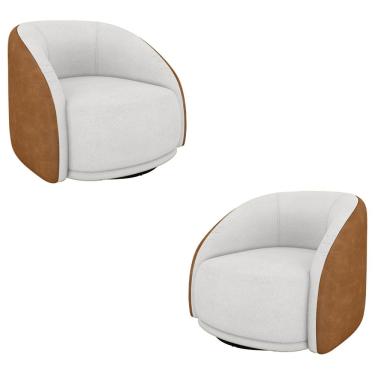 Imagem de Kit 2 Poltronas Decorativas Jenny Base Giratória em Metal Preto Bouclê Branco/Caramelo G45 - Gran Belo