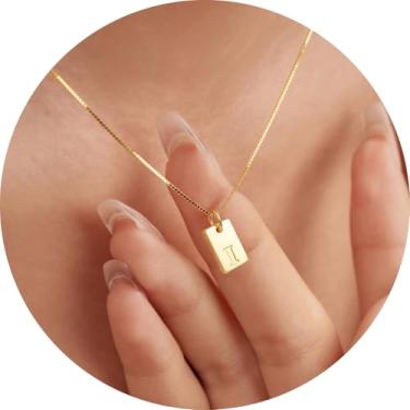 Imagem de Colar com inicial feminina, pingente retangular banhado a ouro 18K, joia mínima de A a Z, colar personalizado, 18+2in, Aço inoxidável, Sem Pedra Preciosa