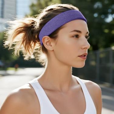 Imagem de Faixa de cabelo para homens e mulheres com absorção de umidade, tecido felpudo atlético, para tênis, basquete, futebol, academia, treino (roxo escuro)
