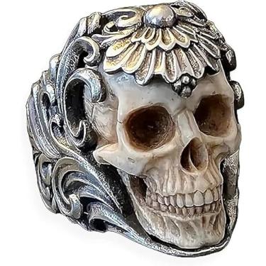 Imagem de Anel de caveira de chifre de armadura floral polonesa vintage, anéis de caveira gótica aberta ajustável, anel vintage de caveira exclusivo, joia de presente para ele (8-11), Aço inoxidável, Sem pedra