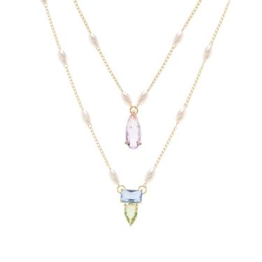 Imagem de Colar Escapulário Pérolas Ovais Cristais Azul Roxo Verde Semijoia