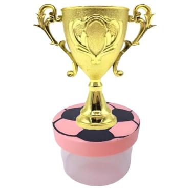 Imagem de Kit Lembrancinha Tema Futebol: Caixinha Acrílica Redonda + Mini Troféu Dourado Decoração Mimos Festa Campeão (10 Taça 10 Caixa Tampa Rosa Gravura Bola)