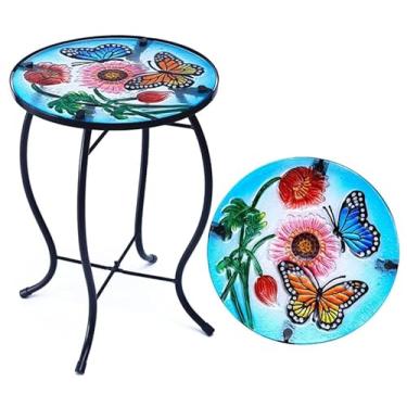 Imagem de YNGFIL Mesa lateral redonda de vidro borboleta de 25,4 cm, mesa pequena para pátio, mesa lateral externa, mesa de bar ao ar livre, mesa de canto de vidro de metal para varanda, jardim, pátio, piscina