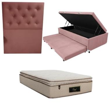 Imagem de Cama Box Baú Solteiro com Auxiliar (Bicama) + Colchão Cloud Molas Ensacadas C/Pillowtop 32cm | Kit Completo com Cabeceira Botonê Opcional | Diversas Cores (3, SUEDE ROSA, COM CABECEIRA)