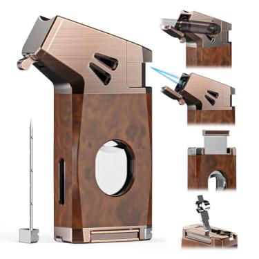 Imagem de Isqueiro All-in-1 Ferramenta integrada, perfurador, suporte, realçador de desenho, chamas triplas ajustáveis (sem gás butano), (grão de madeira) (cor de grão de madeira)