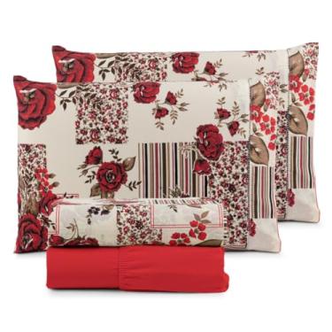 Imagem de Conjunto de lençóis algodão impresso casal rainha 4 peças(FLORAL VERMELHO)