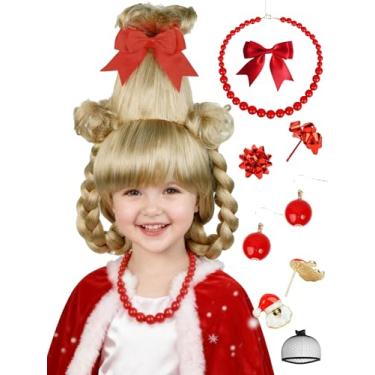 Imagem de Half and Half Peruca infantil de Natal Cindy loira tranças duplas com laço vermelho + colar + brincos + touca de peruca para meninas, fantasias infantis de Halloween
