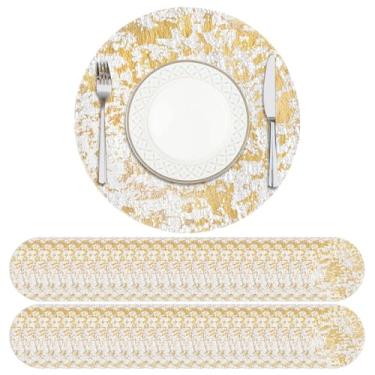 Imagem de Privalace Conjunto de 50 jogos americanos redondos finos de 33 cm, malha de folha dourada descartável, tapetes de mesa de outono prensados de malha, tapetes de mesa de tecido para jantar, casamento