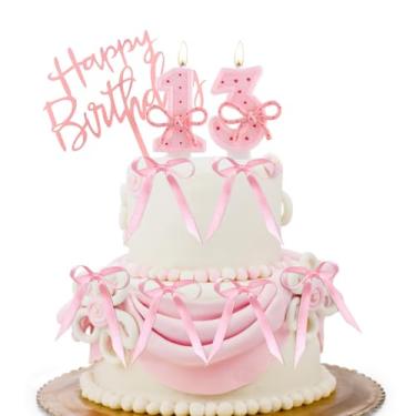 Imagem de Vela de laço rosa número 13 para bolo de aniversário com 6 fitas - decoração de aniversário rosa grande com glitter de 7 cm para festa de aniversário de 13 anos, aniversário e artigos de festa de