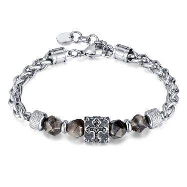 Imagem de Pulseira Cross Charm Chain para homens com miçangas de aço inoxidável