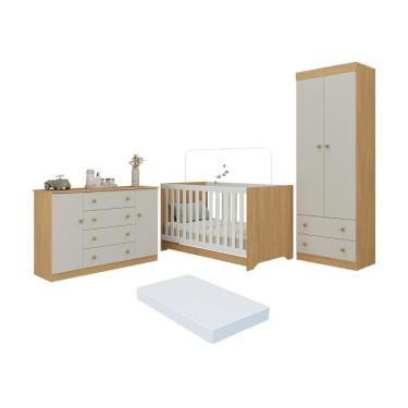 Imagem de Quarto de Bebê Completo Berço Americano 3 em 1 Colchão Encanto Multimóveis MP4609 Madeirado/Branco