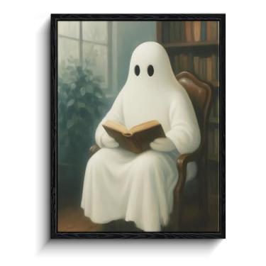 Imagem de Folha branca leitura de fantasmas por janela, decoração de parede de imagens de fantasmas estilo Vermeer, arte de parede fantasma com moldura fosca, imagens engraçadas de fantasmas para estudo