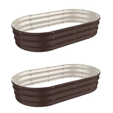 Imagem de GOOZOO 2 peças de canteiro de jardim galvanizado elevado, kit de cama de jardim elevado de 1,2 x 0,6 x 0,3 m para jardinagem ao ar livre, caixa oval de metal para vegetais, frutas, flores (marrom)