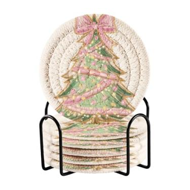 Imagem de Blueangle Porta-copos de 6 peças de árvore de Natal com laço rosa - tecido redondo super absorvente para proteção de mesa e decoração de casa (183)