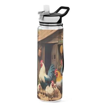 Imagem de xigua Garrafa de água Farm Chicken House com tampa de canudo transparente à prova de vazamentos para esportes ao ar livre, bebida, fitness, treino, viagem, 940 ml