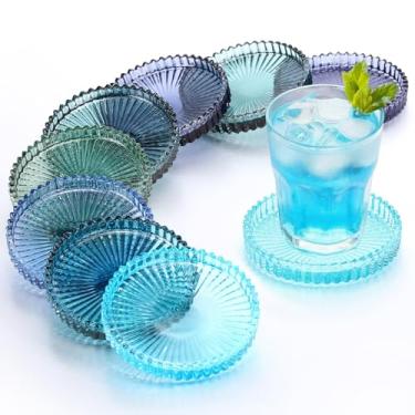 Imagem de Queekay Conjunto de 8 porta-copos de vidro colorido vintage porta-copos de vidro para bebidas decoração de mesa de centro para escritório, cozinha, bar, sala de jantar, sala de estar, pátio (série