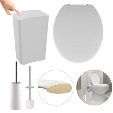 Imagem de Assento Sanitário Oval Almofadado Branco + Lixeira Branca 8L Tampa Click + Escova Sanitária Base Branca