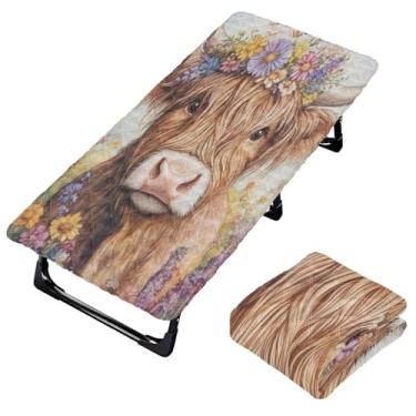 Imagem de Burbuja Lençol de berço Highland Cow com flores para crianças, lençol de cochilo acolchoado portátil com faixa elástica para meninas e meninos, lavável na máquina, 63,5 x 127 cm