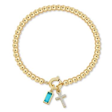 Imagem de Korotho Pulseira de pedra de nascimento cruzada para mulheres – Pulseiras elásticas delicadas banhadas a ouro 14 K, modernas, à prova d'água, não mancham, joias de aniversário, Natal, meias para mães