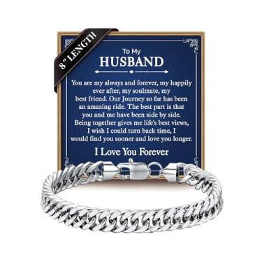 Imagem de IEFLIFE Pulseira de presente para homens - prata/preta de aço inoxidável cubano corrente corrente presente para filho neto, presente de aniversário para homem, namorado, pulseira masculina de 8 mm de