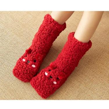 Imagem de Meias felpudas para mulheres, meias fofas, fofas, de animais para uso interno, antiderrapante, meias até a panturrilha, confortáveis presentes de inverno, Urso vermelho, Medium