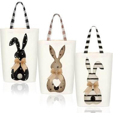 Imagem de GliCraft 3 peças de sacolas de coelhinho da Páscoa, bolsas de Páscoa com alça para presente de coelho feliz, reutilizável, bolsa de doces de lona para artigos de festa de ovos (preto e branco, coelho)