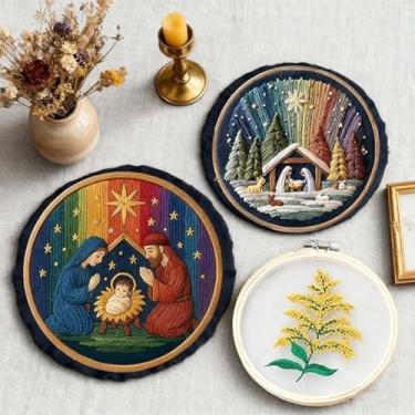 Imagem de Kit de bordado de Natal, padrões de presépio com aro e tecido, conjunto de artesanato cristão para decoração de férias (3 estilos)
