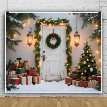 Imagem de Pano de fundo de Natal 3,7 x 2,4 m rústico branco de madeira porta de celeiro cena de Natal cenários de Natal para fotografia fundo amigos aniversário decorações de ano novo Happy Holidays Family