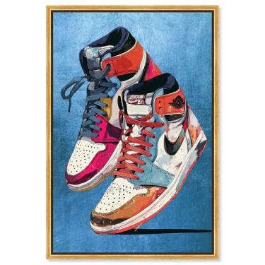 Imagem de Tênis em tela azul impressão tênis arte de parede por Art Remedy, moldura dourada, 40,6 x 61 cm
